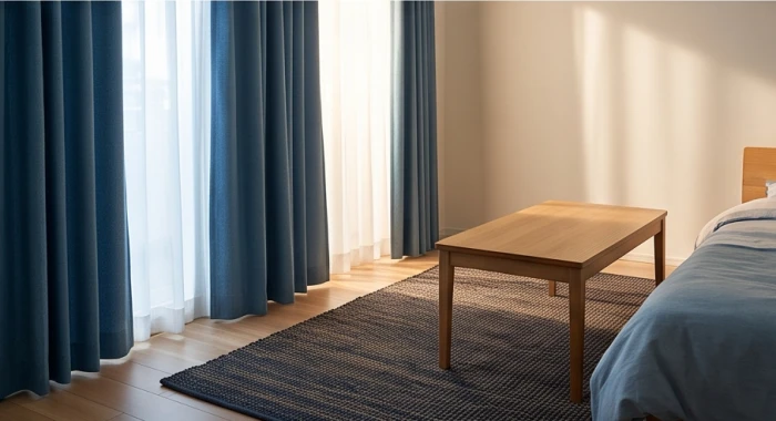 Rèm cửa dày màu xanh nước biển và thảm trải sàn màu đen giúp cân bằng ngũ hành phong thủy trong phòng