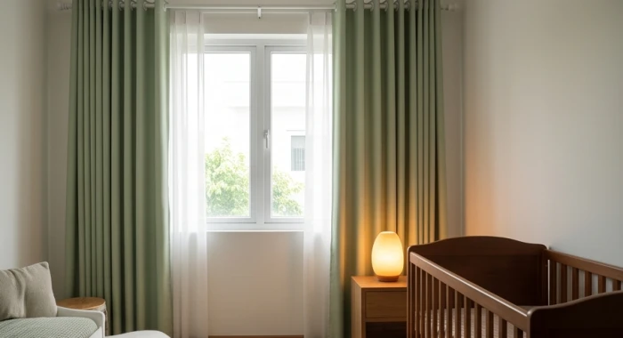 Phòng sơ sinh cho bé giáp thìn sinh tháng tứ quý được bổ sung rèm cửa xanh lá cây và đèn ngủ ánh sáng ấm áp