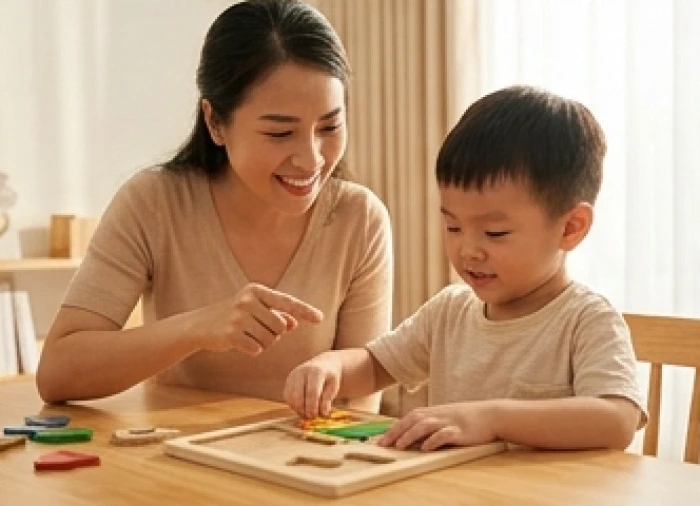 Người mẹ khen ngợi bé trai tự lắp xong nhóm 10 mảnh ghép đầu tiên bên bàn học gia đình