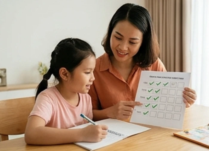 Mẹ và bé gái cùng xem bảng ghi nhận từng bước hoàn thành việc nhà thể hiện sự kiên nhẫn và tích cực của con