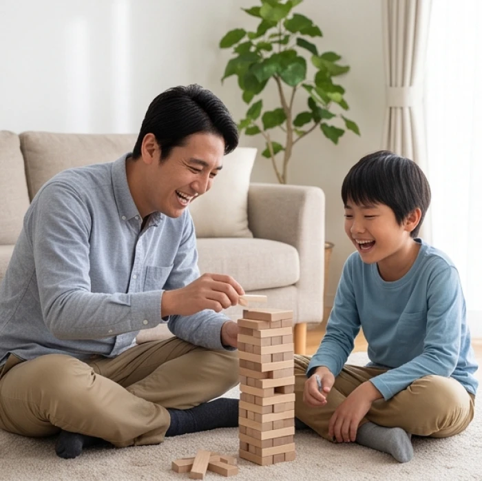 Hai cha con đang cùng nhau thay đổi một vài luật chơi nhỏ trong trò chơi xếp gỗ để tăng tính thích nghi