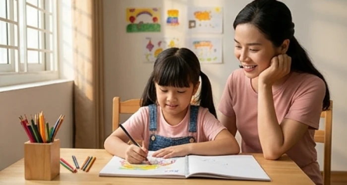 Bé gái sáu tuổi vui vẻ ngồi tô màu tại bàn học nhỏ gọn trong thời gian mười phút dưới sự đồng hành êm ái của mẹ