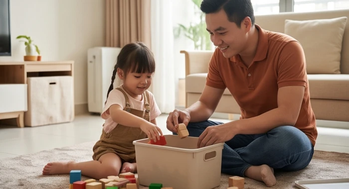 Cha cùng bé gái tự tay thu dọn từng khối đồ chơi vào hộp theo thói quen sinh hoạt mỗi ngày
