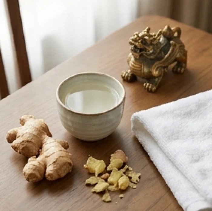 Chén rượu trắng thơm nồng cùng những lát gừng tươi giã nhuyễn và khăn mềm sạch chuẩn bị lau sái tượng