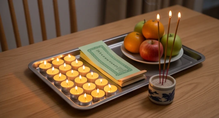 Mâm lễ cúng dâng sao giải hạn với bài vị giấy màu xanh, đèn cầy và hoa quả tươi chuẩn bị cho tuổi Canh Dần 2010