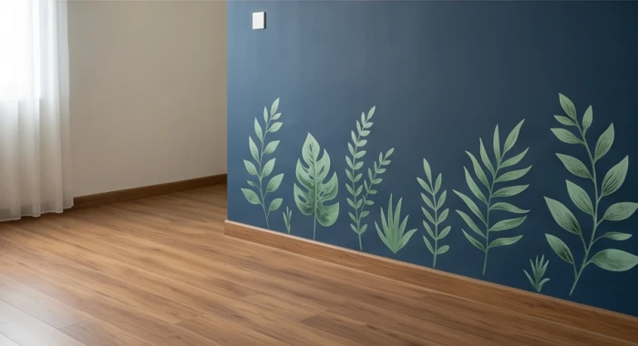Phòng ngủ em bé trải sàn vân gỗ tự nhiên và decal cây xanh giúp hóa giải bức tường tông màu xanh biển thẫm