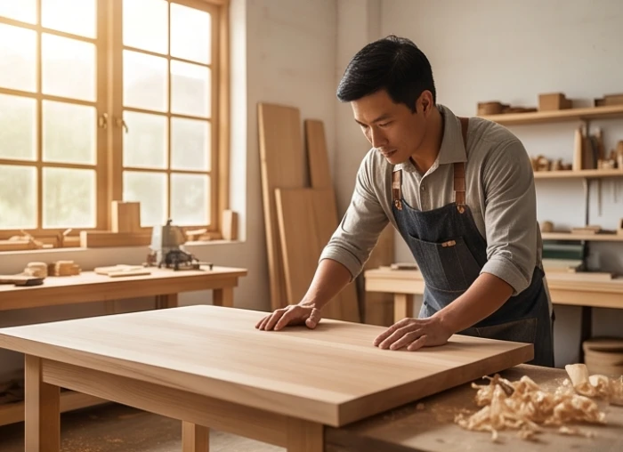 Nghệ nhân Tân Dậu 1981 đang rà soát chi tiết sản phẩm trong xưởng chế tác nội thất gỗ tự nhiên cao cấp