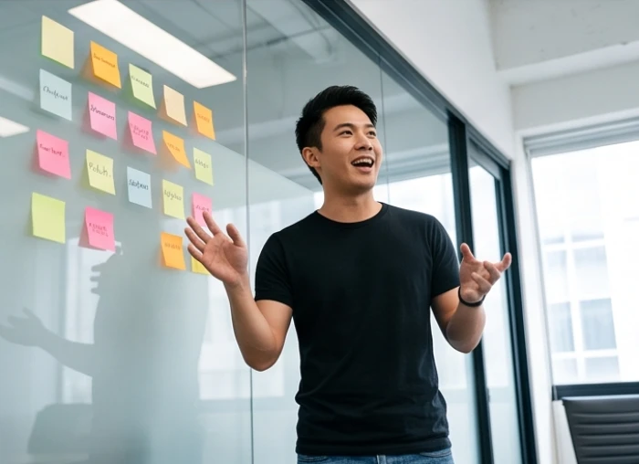 Chàng trai trẻ hào hứng trình bày ý tưởng đột phá của mình trên sa bàn khởi nghiệp đầy màu sắc
