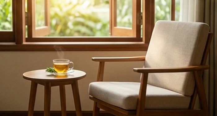 Góc đọc sách yên tĩnh cạnh cửa sổ tràn ngập ánh sáng tự nhiên cho tuổi già an nhàn thư thái
