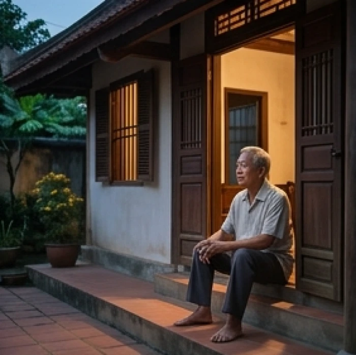 Người cao tuổi thành tâm ngồi trước hiên nhà vào buổi tối chuẩn bị cho nghi lễ dâng sao giải hạn hàng năm
