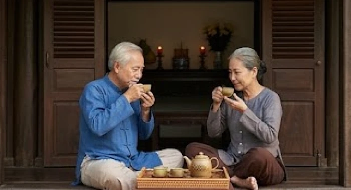 Cụ ông và cụ bà tuổi Canh Thìn 1940 thư thái trò chuyện dưới hiên nhà yên bình trong năm Đinh Mùi
