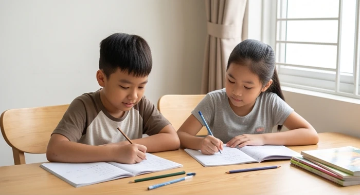 Hai em học sinh tiểu học chăm chú ôn bài cùng nhau trên bàn học tre trong không gian yên tĩnh