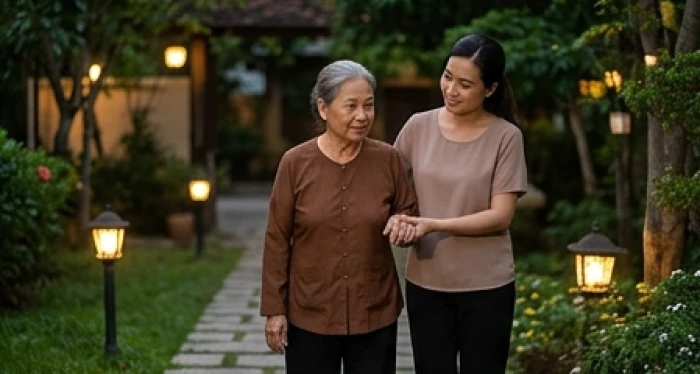 Cụ bà Kỷ Sửu 1949 được con cháu dắt tay đi dạo nhẹ nhàng trên lối đi sân vườn ấm áp ánh đèn vào chiều tối