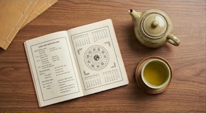 Sổ tay tra cứu sao chiếu mệnh Cửu Diệu năm Bính Ngọ cho từng tuổi nạp âm đặt bên cạnh tách trà ấm