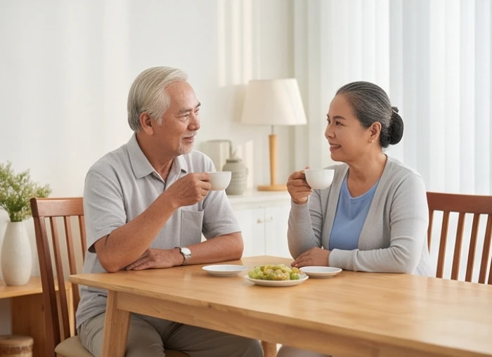 Nam nữ lớn tuổi mặc trang phục sáng màu thư giãn uống trà trong phòng khách