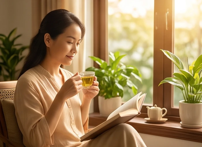 Người phụ nữ ngồi thư giãn thưởng trà và đọc sách cạnh cửa sổ sổ kính ngập tràn ánh sáng tự nhiên