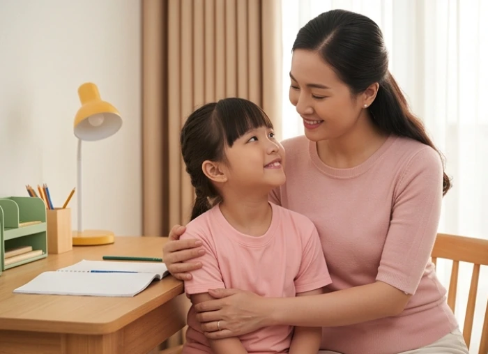 Bé gái 9 tuổi được mẹ động viên vỗ về khi gặp áp lực bài vở trên lớp