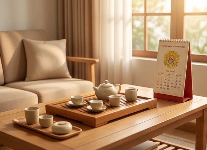 Bàn trà gia đình thanh bình với cuốn lịch âm dương chuẩn bị cho vận hạn tuổi giáp tuất năm 2027