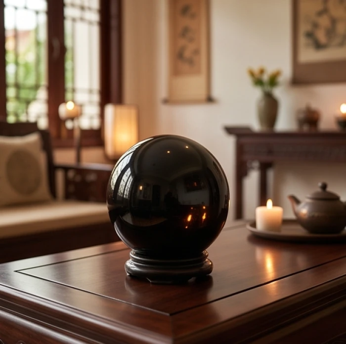 Quả cầu đá thủy tinh núi lửa obsidian đen đặt trên bàn trà hỗ trợ giảm sát khí sao la hầu chiếu mệnh