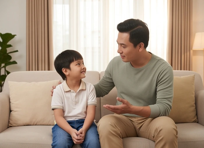 Cha mẹ trò chuyện lắng nghe tâm tư của học sinh tiểu học sau giờ tan trường