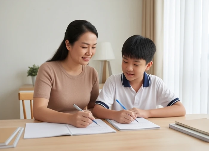 Học sinh tuổi giáp ngọ 2014 trò chuyện cùng mẹ bên bàn học nhằm giải tỏa căng thẳng khi gặp hạn trực thái tuế