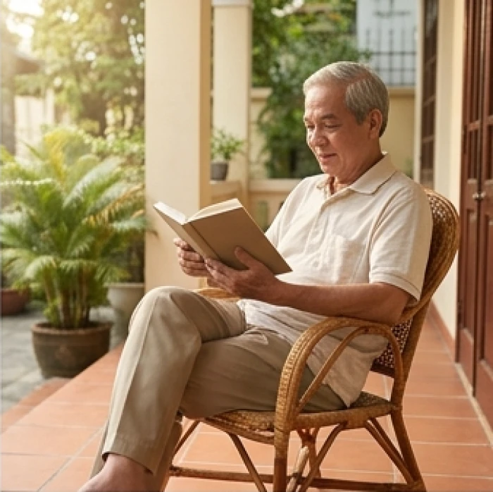 Cụ ông ngồi thư giãn đọc sách tại góc hiên nhà ngập nắng, hạn chế những suy nghĩ lo âu bực dọc do hung tinh gây ra