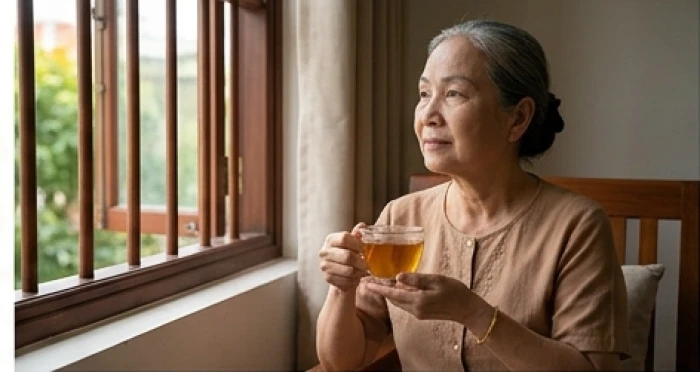 Cụ bà ngồi uống trà ấm với vẻ mặt tĩnh lặng để xoa dịu những lo âu do ảnh hưởng của hung tinh