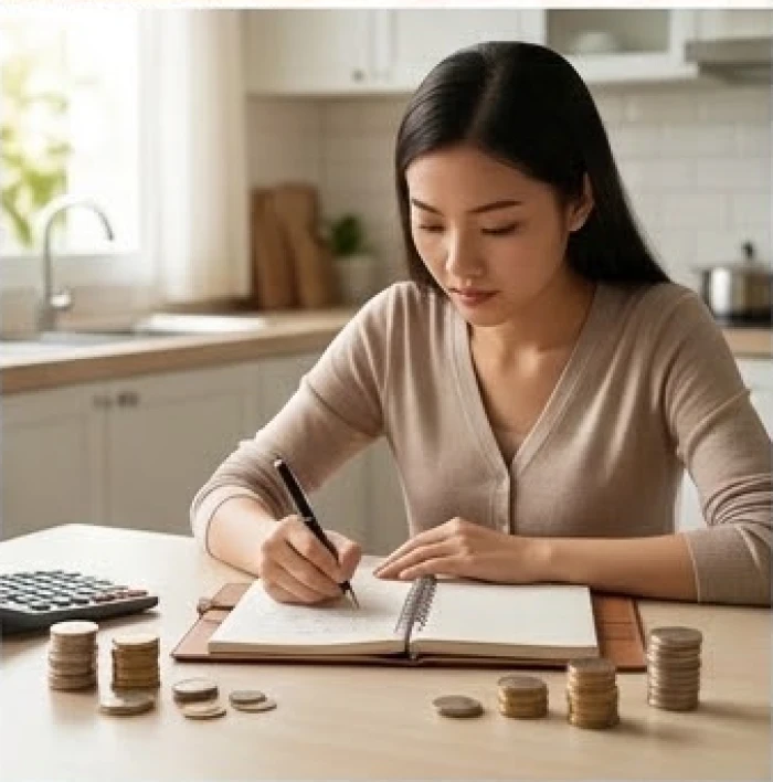 Nữ giới ghi chép sổ chi tiêu gia đình bên cạnh các phong bao lì xì tiết kiệm