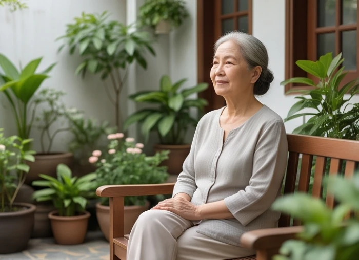 Cụ bà tuổi Canh Dần nghỉ ngơi thư giãn trong khu vườn tĩnh lặng giúp xua tan áp lực lo âu