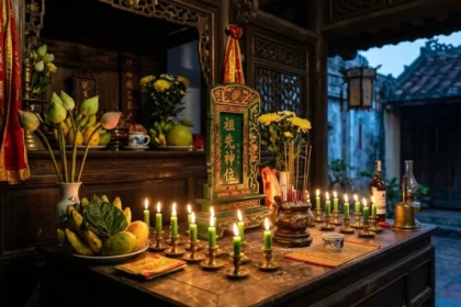 Mâm lễ 20 ngọn nến xanh lá hướng chính Đông để nghênh đón sao Mộc Đức chiếu mệnh mang lại bình an