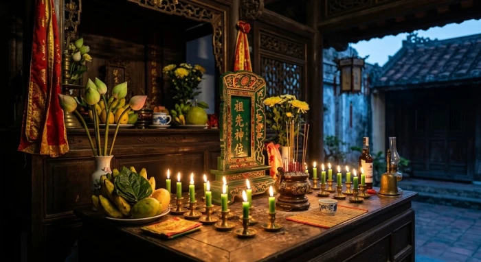 Mâm lễ 20 ngọn nến xanh lá hướng chính Đông để nghênh đón sao Mộc Đức chiếu mệnh mang lại bình an
