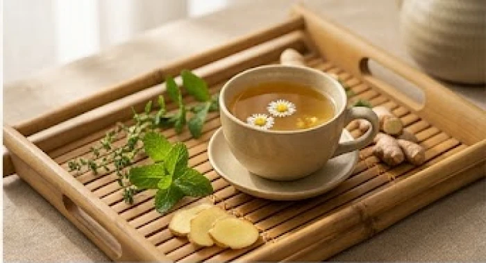Tách trà thảo mộc hoa cúc nóng hổi tỏa hương thơm nhẹ giúp an thần và bồi bổ khí huyết hiệu quả