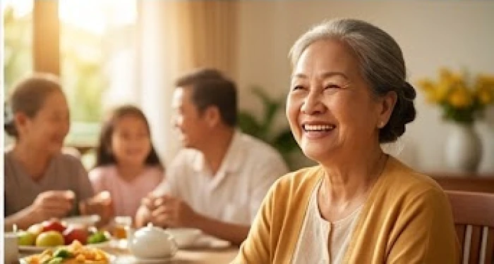 Khuôn mặt rạng rỡ hạnh phúc của người phụ nữ cao tuổi trong buổi tiệc trà gia đình đón nhận vận hội cát tường
