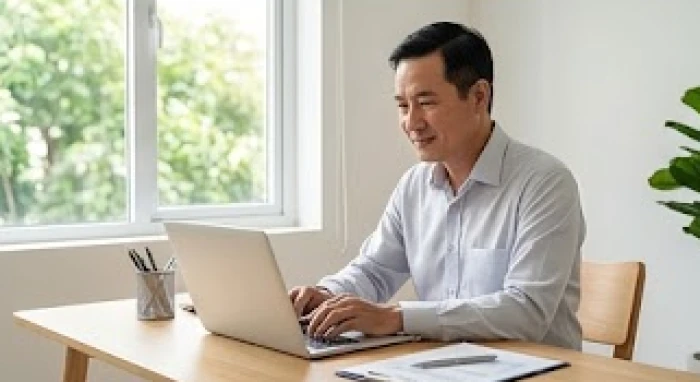 Gia chủ nam làm việc tập trung bên bàn làm việc tràn ngập ánh sáng tự nhiên đón cát tinh Mộc Đức năm 2026