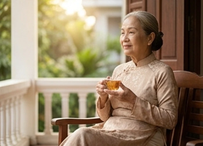 Cụ bà tuổi Quý Mùi với phong thái minh mẫn, tươi tắn đang ngồi thưởng trà ngoài hiên nhà thư thái