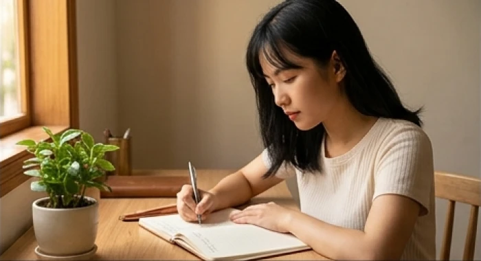 Nữ thanh niên tuổi Đinh Hợi tập trung ghi chép bài vở dưới ánh sáng đèn bàn màu ấm