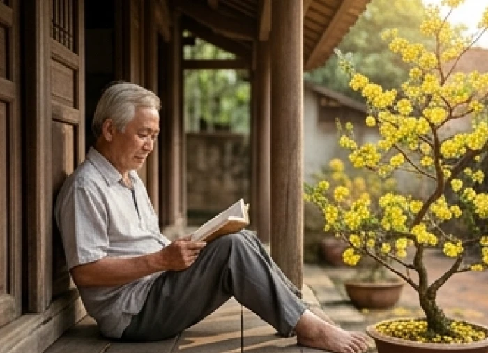Cụ ông thư thái đọc sách và thưởng trà bên hiên nhà ngập tràn ánh nắng mùa xuân tượng trưng cho cát khí