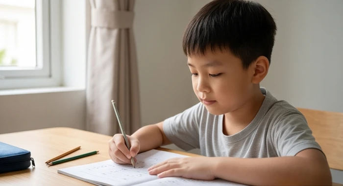 Học sinh nam 9 tuổi âm lịch tập trung giải bài tập toán logic tại bàn học gỗ tràn ngập ánh sáng tự nhiên