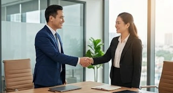 Cuộc gặp gỡ đàm phán hợp đồng kinh doanh thuận lợi trong không gian văn phòng sang trọng với ánh sáng tự nhiên