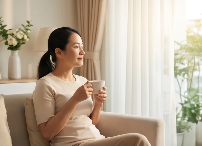 Người phụ nữ 1995 thư thái thưởng trà trong phòng khách ấm cúng tràn ngập ánh nắng ban mai
