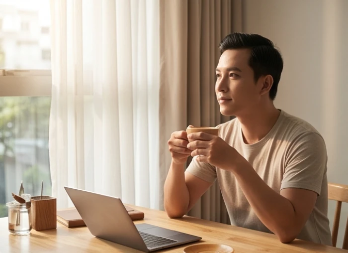 Nam giới tuổi đinh sửu suy ngẫm bên tách trà ấm trong không gian phòng làm việc yên tĩnh khi tìm hiểu về sao chiếu mệnh