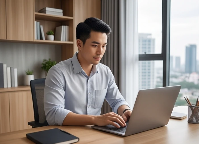 Nam doanh nhân tuổi Quý Dậu đang làm việc tập trung tại bàn làm việc ngập tràn ánh sáng