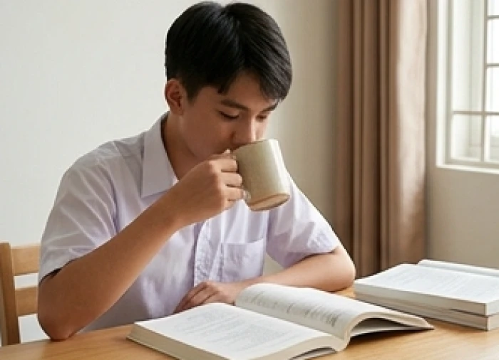 Học sinh nam tuổi Canh Dần uống nước ấm sau giờ học Toán Lý Hóa để bảo vệ đường tiêu hóa