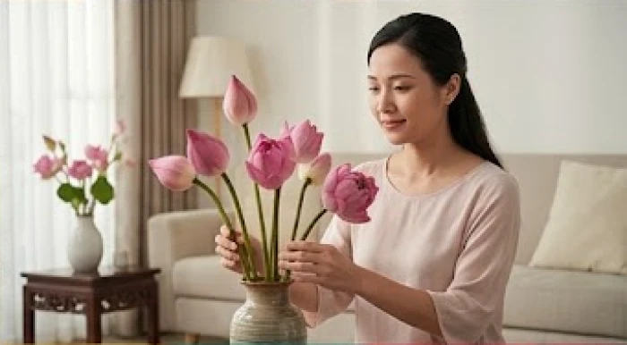 Nữ gia chủ tuổi Ngọ cắm hoa sen tươi và thư giãn tại phòng khách yên bình để tái tạo sinh khí