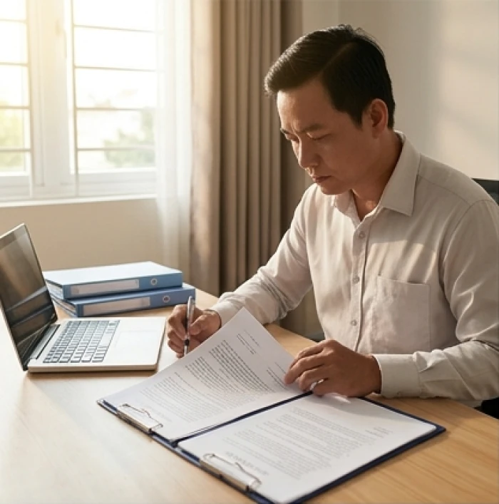 Người nam tuổi Mậu Thìn cẩn trọng rà soát các điều khoản hợp đồng kinh doanh trước bàn làm việc gọn gàng