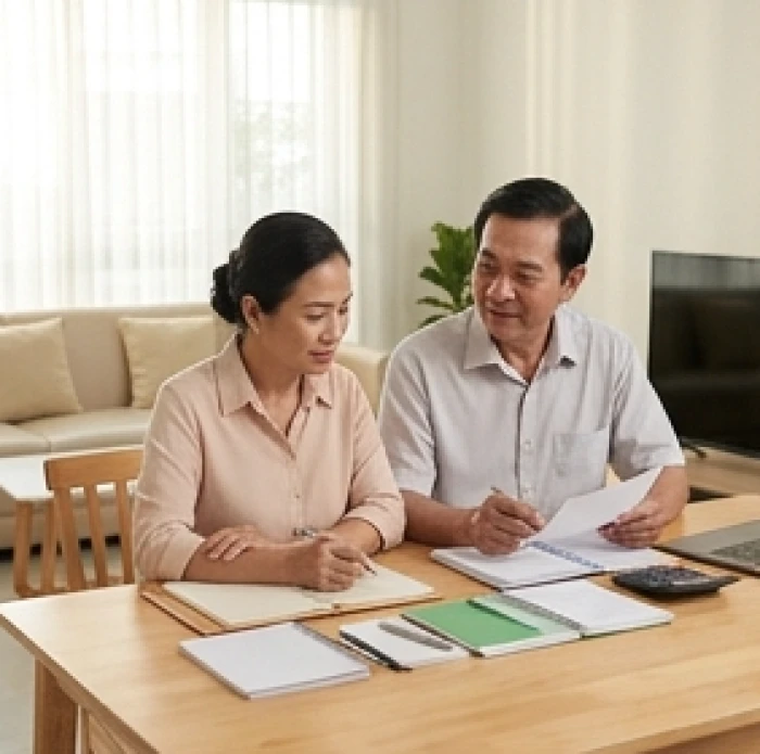 Gia chủ tuổi Tân Sửu nam và nữ mạng cùng xem sổ tay kế hoạch chi tiêu gia đình tại phòng khách thoáng đãng