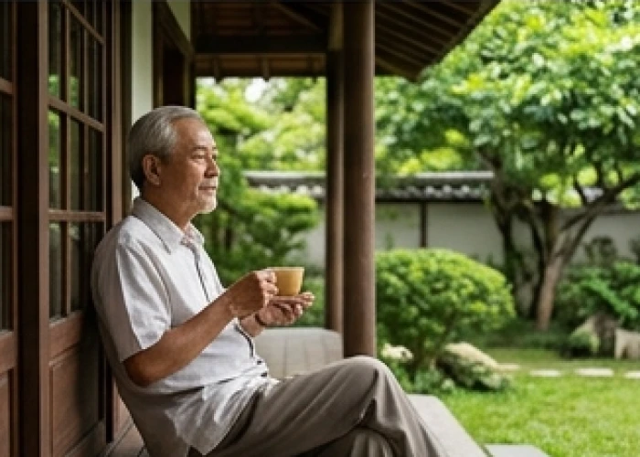 Cụ ông ngồi uống trà thư thái dưới hiên nhà râm mát giữ tinh thần bình hòa trong năm gặp sao thái dương