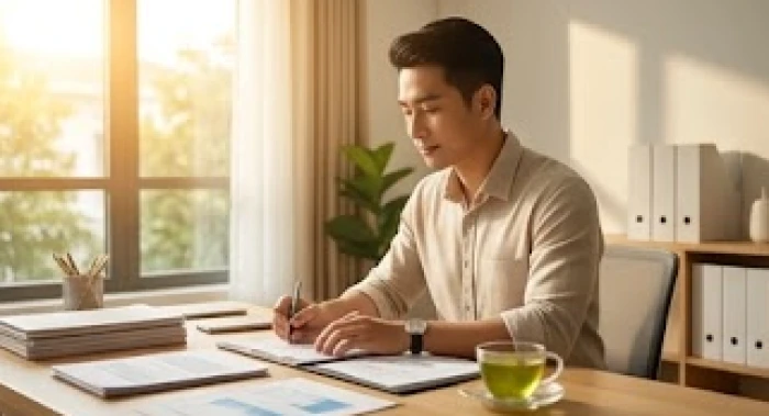 Nam giới tuổi Canh Thìn làm việc tập trung bên bàn giấy với ánh sáng tự nhiên rực rỡ từ sao Thái Dương