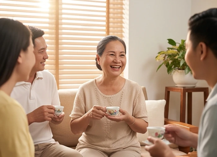 Người phụ nữ cao tuổi rạng rỡ trò chuyện cùng con cháu trong không gian phòng khách ấm cúng