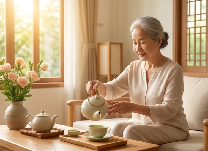Người lớn tuổi tuổi Đinh Dậu ngồi thưởng trà thư thái bên gia đình trong ngôi nhà truyền thống Việt Nam